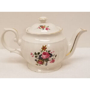 Vintage Crown Dorset Staffordshire England porcelain teapot pink roses+wildflow
